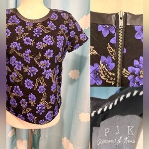 PJK Silk and leather floral quilted top with back zipper- S